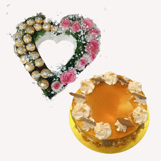 premium combo 2-Hearten  shaped Ferrero + flower with mango cake