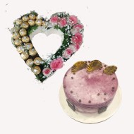 PREMIUM COMBO 3 - HEARTEN SHAPED FERRERO + FLOWER WITH BLUUBERRY CAKE